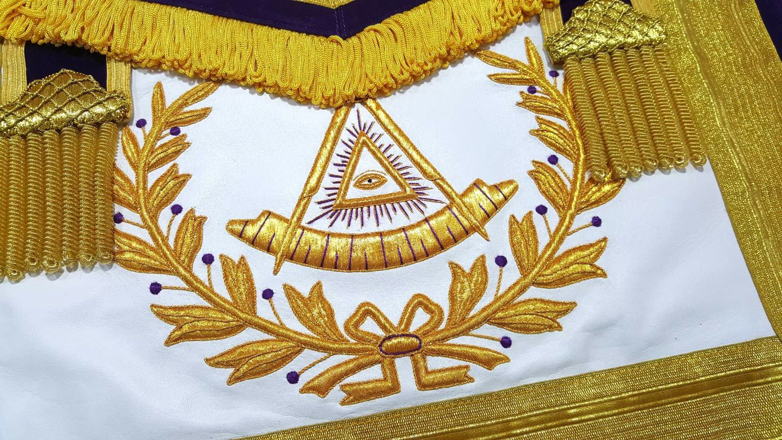 Past Master Blue Lodge Apron - Purple Velvet Gold Hand Embroidery - Bricks Masons