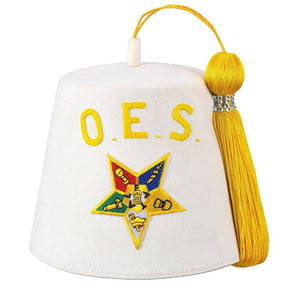 OES Fez Hat - White With Gold Tassel - Bricks Masons