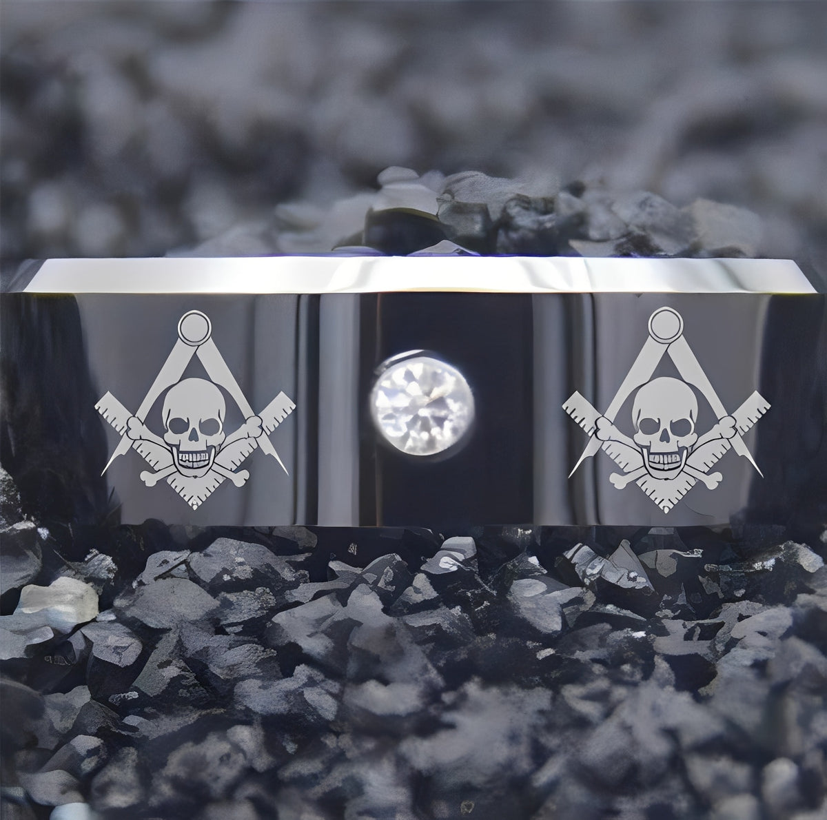 Widows Sons Ring - Black Silver Bevel With CZ Stone - Bricks Masons