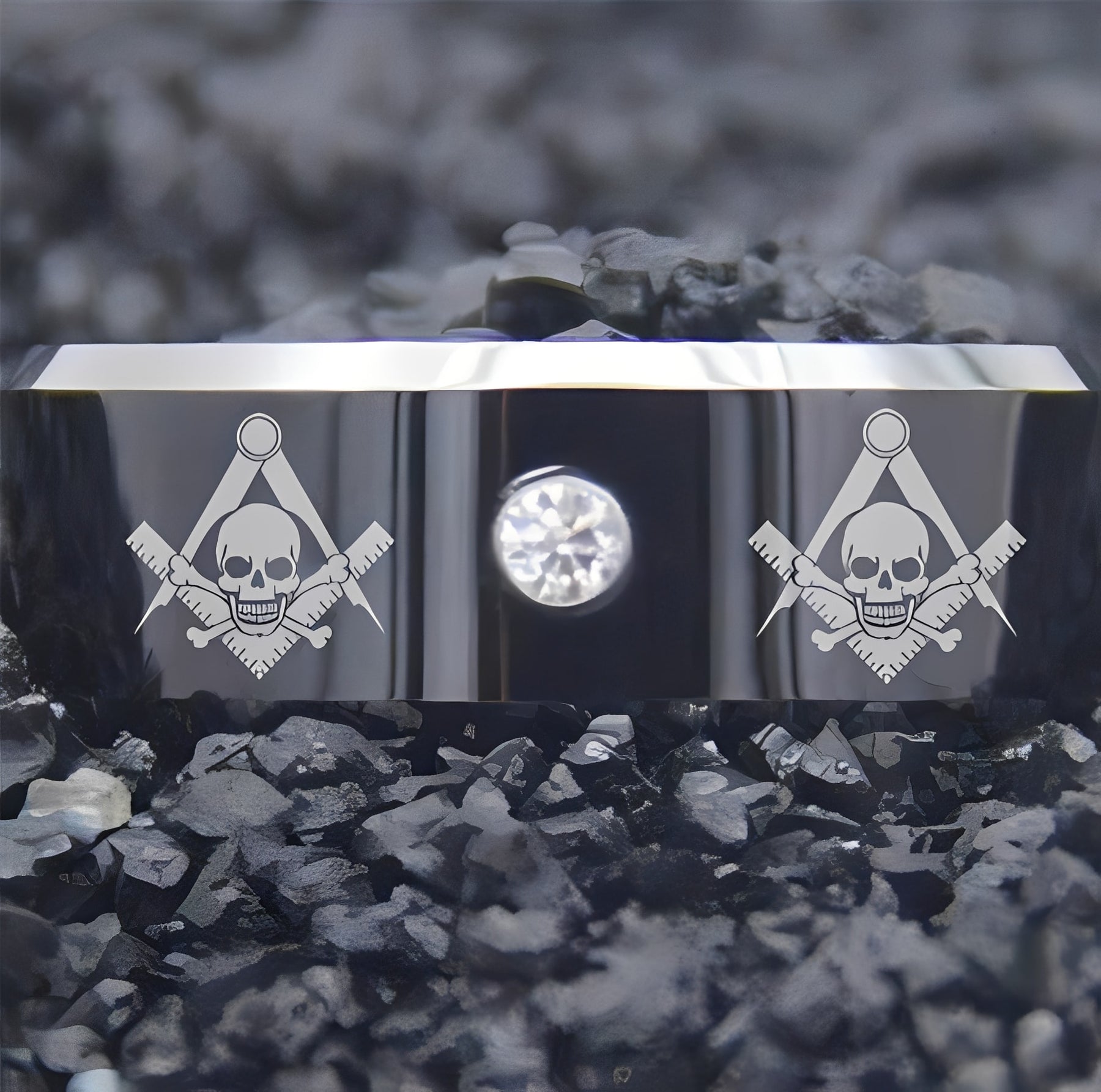 Widows Sons Ring - Black Silver Bevel With CZ Stone - Bricks Masons